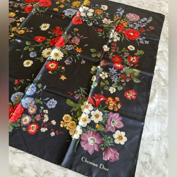 Christian Dior Floral Black square Scarf
